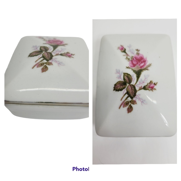 * Ceramic trinket jewelry box rose painted detail 4"X 1.5" vintage  japan - Picture 13 of 13